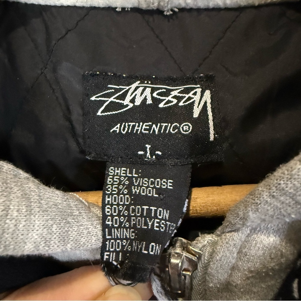 Stussy Black and White Plaid Quilted Lined Hooded Shirt Jacket Wool Cotton sz L - Picture 3 of 10